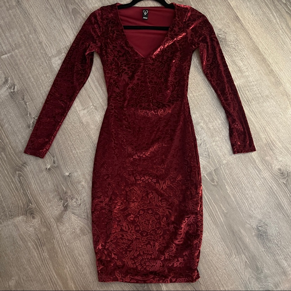 Maroon long sleeve dress with sheer sleeves